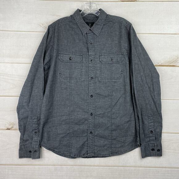 Prana Shirt Mens S Gray Long Sleeve Button Up Hemp Blend Hiking Outdoors Pockets - Picture 1 of 10